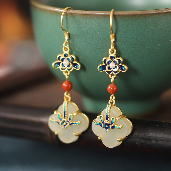 Pendientes de cobre con abundancia de jade, trébol de cuatro hojas de la suerte, Buddha Stones