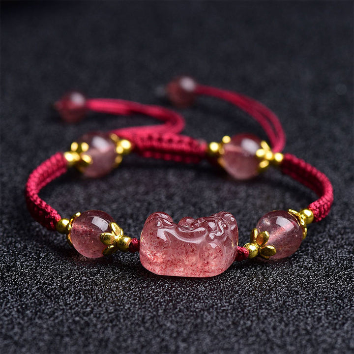 Pulsera de hilo rojo de la suerte con dije de Pixiu de cristal de fresa Natural con Buddha Stones