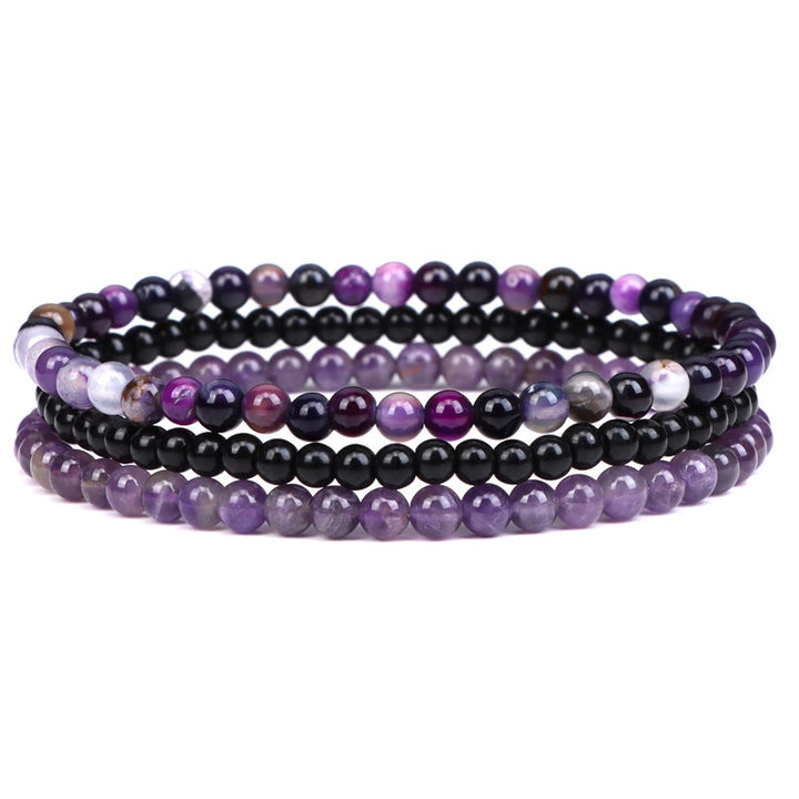 Buddha Stones 3 piezas de piedra de cristal natural paz interior pulsera espiritual - Cuentas de vidrio negro de 4 mm y amatista (circunferencia de muñeca: 15-16 cm) - image 0