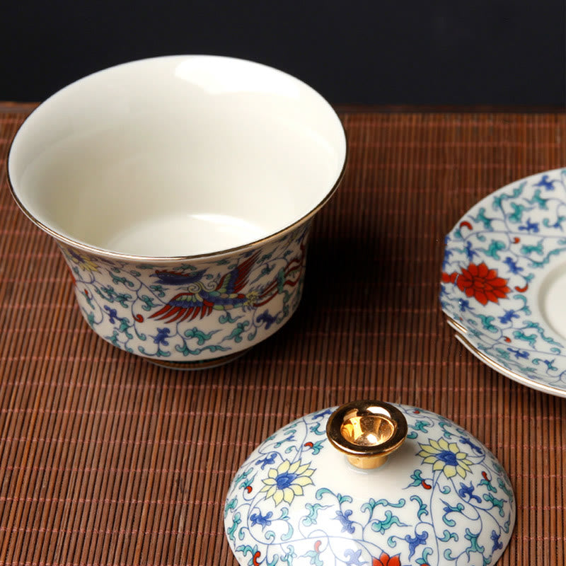 Buddha Stones Retro, flor de ciruelo, pino, bambú, Phoenix, Kirin, cerámica, Gaiwan Sancai, taza de té de Kung Fu y platillo con tapa