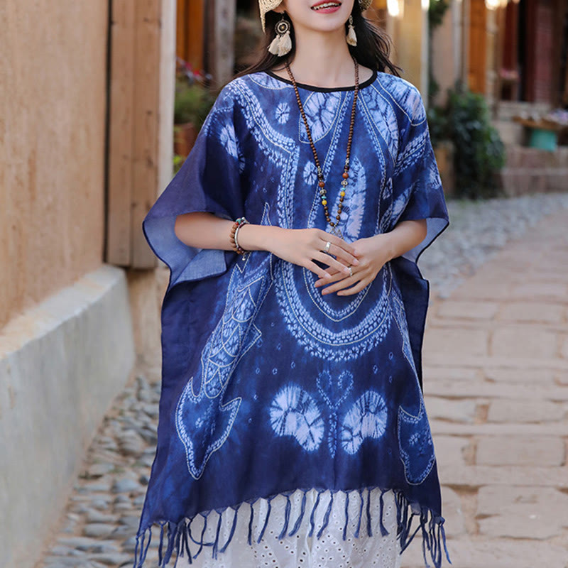 Jersey de viaje acogedor con borlas y chal Batik geométrico azul de Buddha Stones 90*95cm