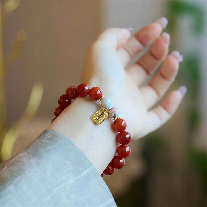 Buddha Stones roja natural Talismán de la paz Fu Carácter Dragón Cola Confianza Charm Pulsera