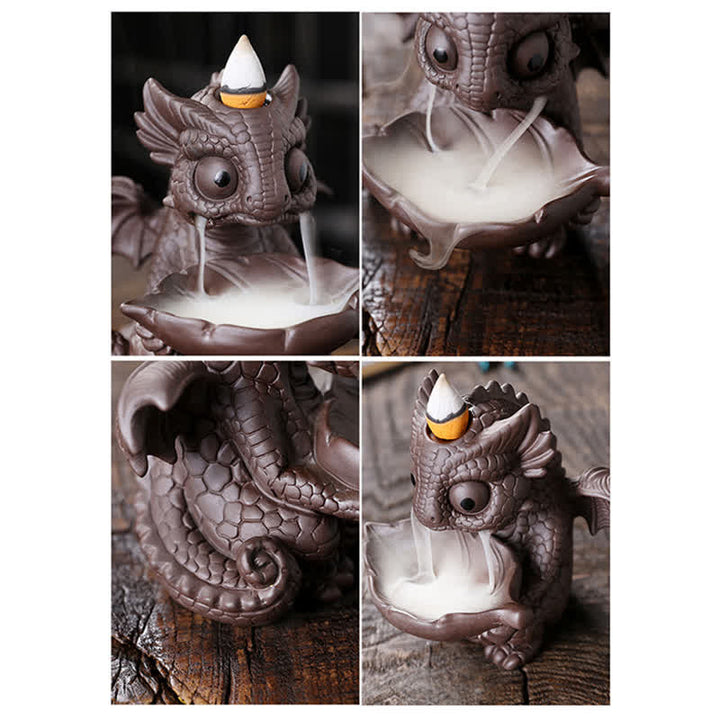 Precioso dinosaurio de arcilla púrpura, fuente de humo de reflujo, decoración de quemador de incienso curativo