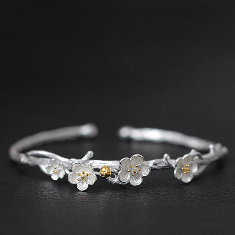 Pulsera ajustable con Buddha Stones de plata de ley 925 con flor de ciruelo y bendición