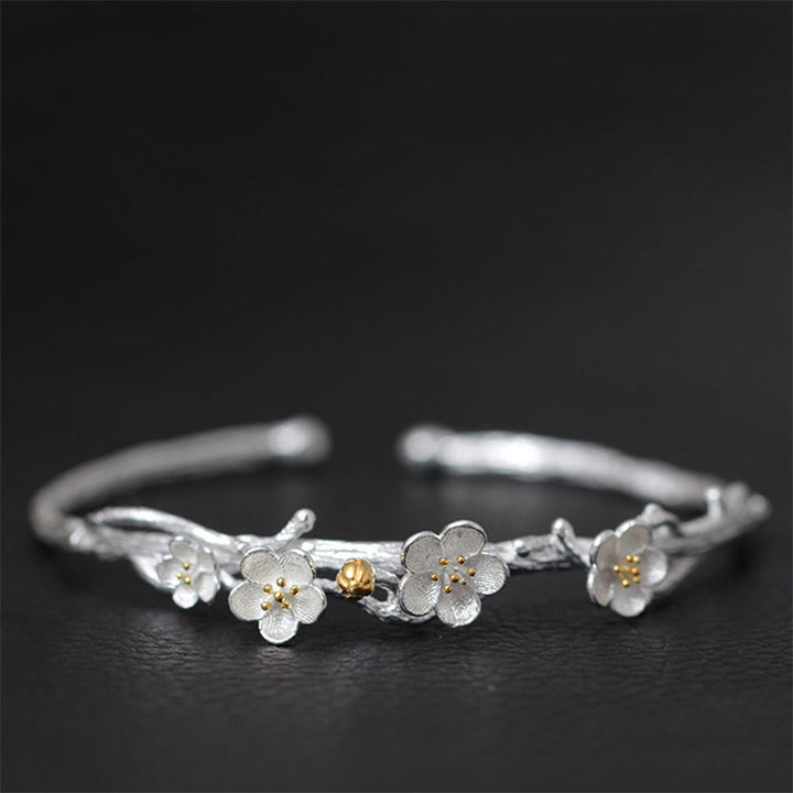 Pulsera ajustable con Buddha Stones de plata de ley 925 con flor de ciruelo y bendición
