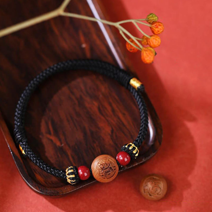 Pulsera de riqueza de cinabrio tallada con carácter del zodíaco chino, madera de melocotón Natural, Buddha Stones - image 12