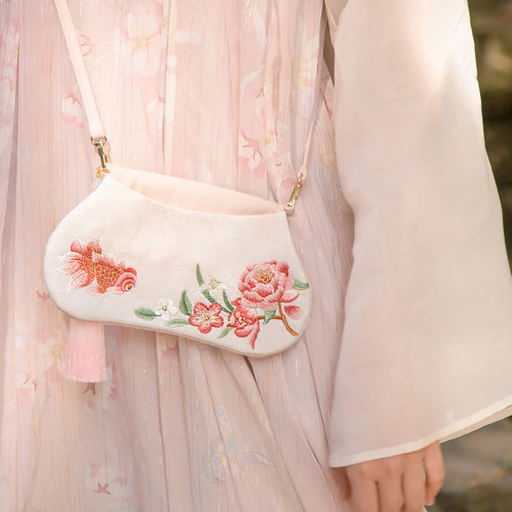 Buddha Stones suerte bordado loto Koi pez conejo flor Hanfu bolso bandolera bolso de hombro - Peonía pez koi - image 29