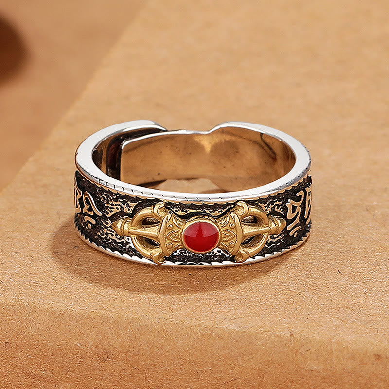 Anillo de sabiduría con diseño de Dorje Vajra de ágata roja tibetana Om Mani Padme Hum con Buddha Stones