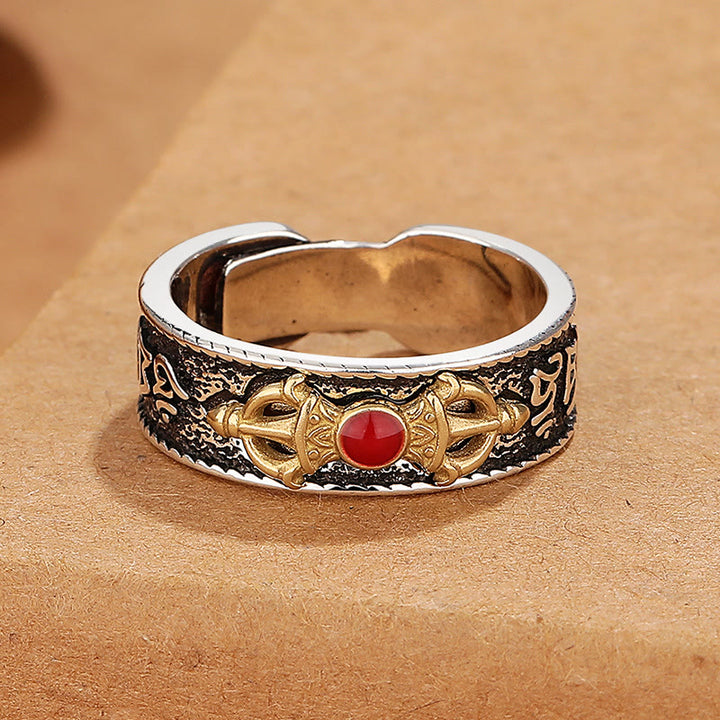 Anillo de sabiduría con diseño de Dorje Vajra de ágata roja tibetana Om Mani Padme Hum con Buddha Stones