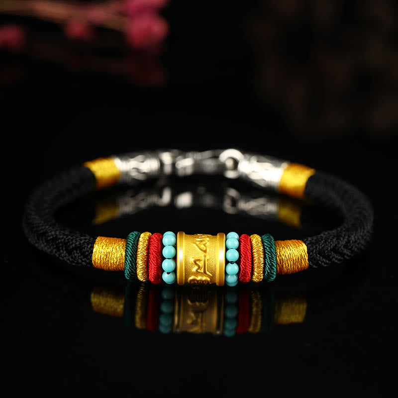 Buddha Stones Tíbet 999 oro Om Mani Padme Hum pulsera de la suerte hecha a mano con ocho hilos y nudo de la paz - Hebilla plateada turquesa con cuerda negra - 19 cm - image 17