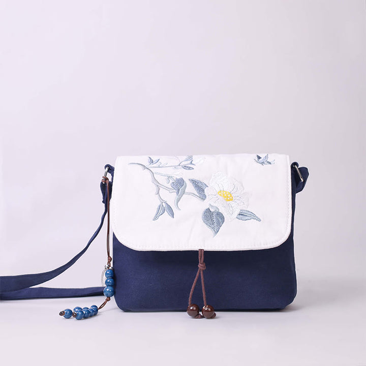 Buddha Stones Camelia bordada Epiphyllum Gardenia Sakura Flores Bolso bandolera Bolso de hombro Bolso para teléfono móvil