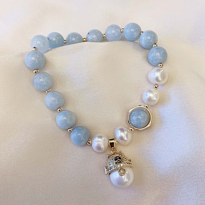Pulsera con dije de gato de la suerte, curación de la paz, perlas de aguamarina, Buddha Stones - Aguamarina - image 1