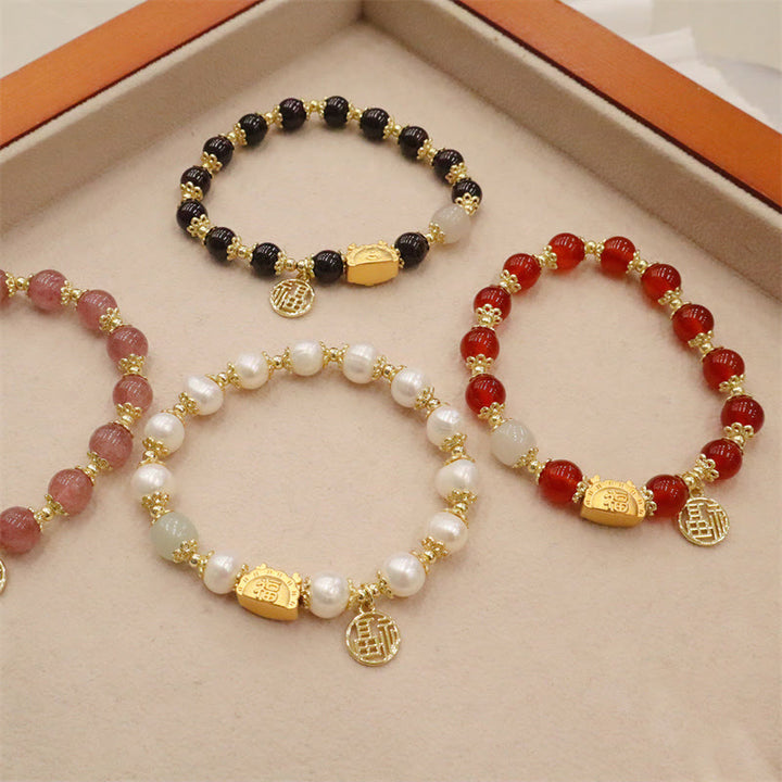 Buddha Stones Año del Dragón Ágata roja Cuarzo fresa Obsidiana negra Jade Granate Perla Cinabrio Bola de masa Dragón Suerte Fu Pulsera con personajes