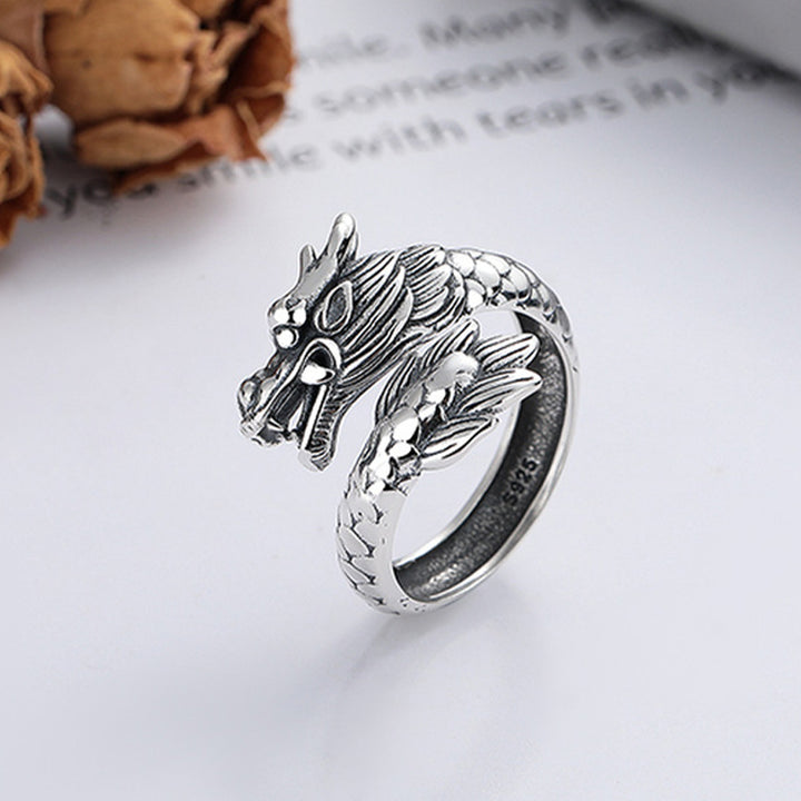 Anillo de metal ajustable con Buddha Stones de plata de ley 925, año del dragón, fuerza de la suerte