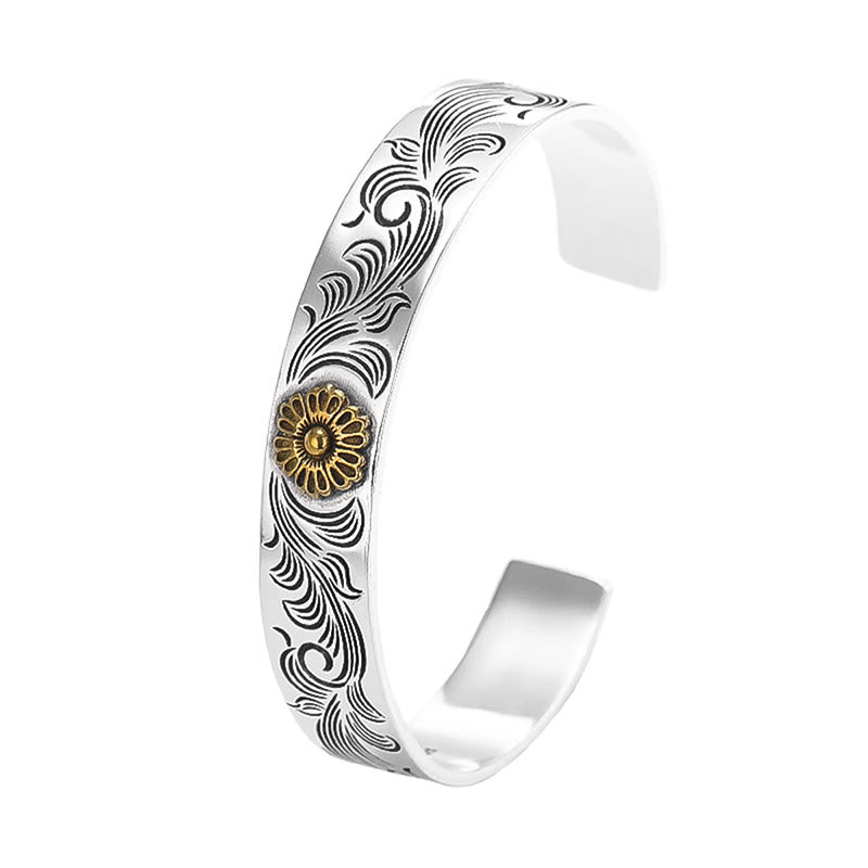 Brazalete de cobre tallado con plumas de la suerte, diseño de flores de la dinastía Tang, Buddha Stones