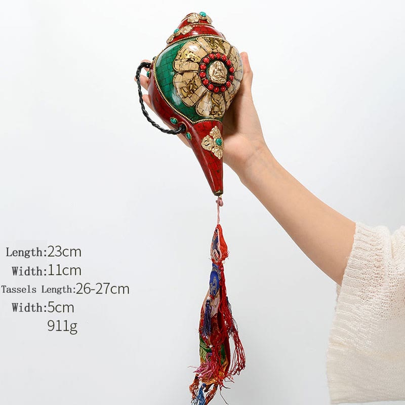 Tibetano hecho a mano Shankha Om Mani Padme Hum Buda Avalokitesvara turquesa Concha decoración positiva - Om Mani Padme Hum-Buda Vairocana 23*11cm - image 22