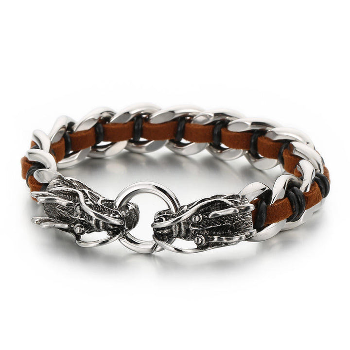 Pulsera trenzada de la suerte con protección de acero titanio y cuero de dragón