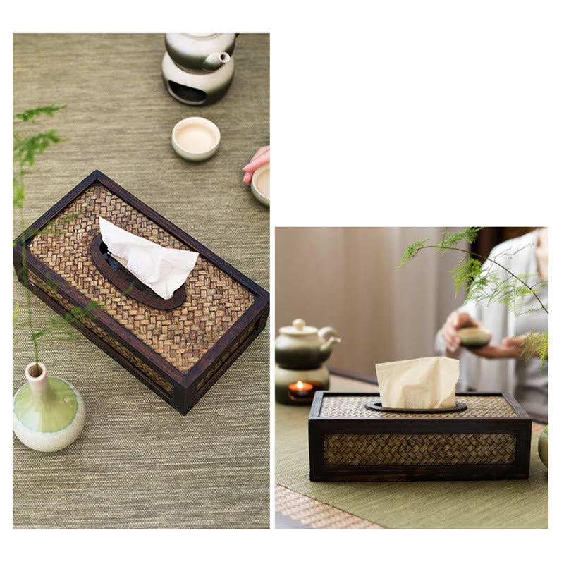 Caja de pañuelos de madera tejida de bambú hecha a mano, soporte de madera para pañuelos, cajas de toallitas, decoración - image 12