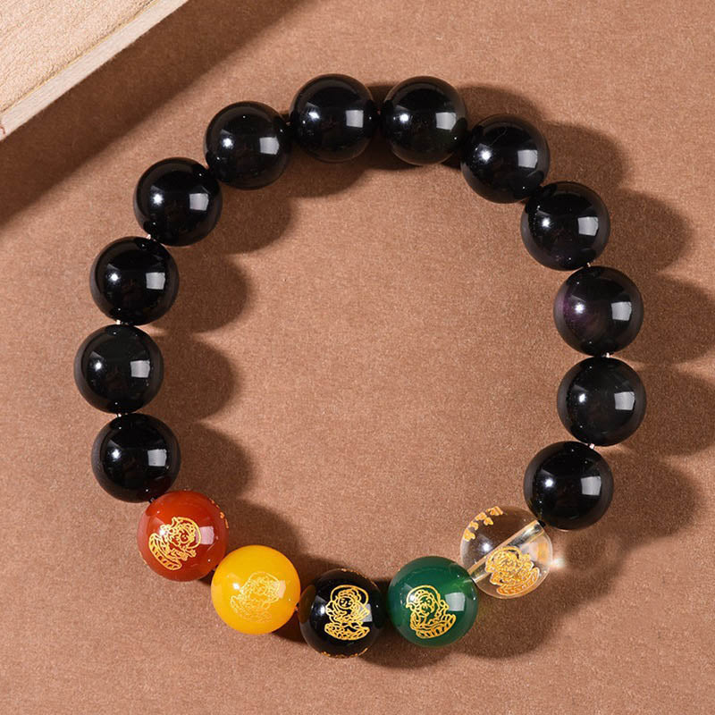 Buddha Stones Obsidiana con brillo dorado Obsidiana arcoíris Obsidiana negra Cinco direcciones Dioses de la riqueza Pulsera