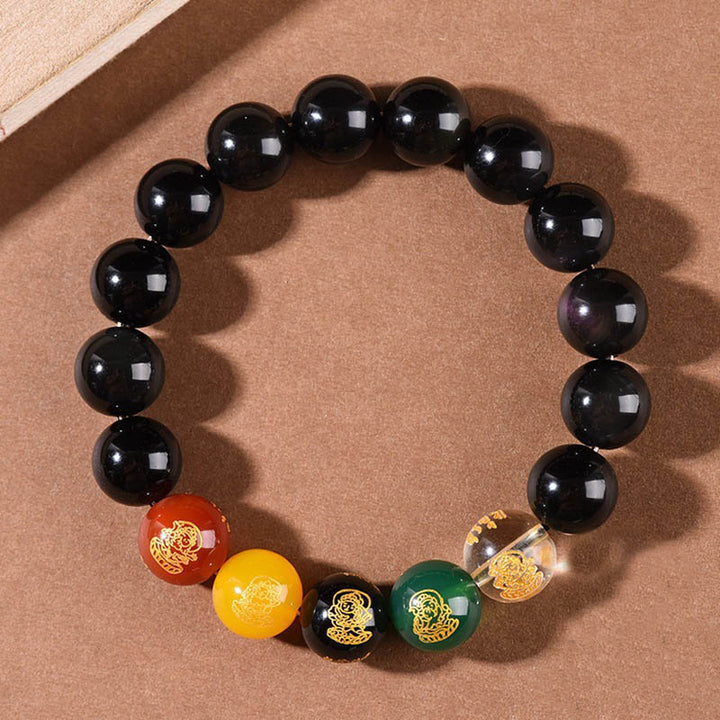 Buddha Stones Obsidiana con brillo dorado Obsidiana arcoíris Obsidiana negra Cinco direcciones Dioses de la riqueza Pulsera