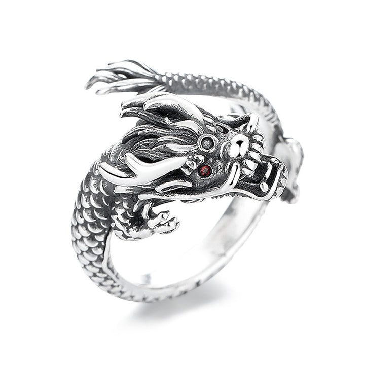 Anillo de metal de la suerte con diseño del año del dragón de plata de ley 925 vintage con Buddha Stones