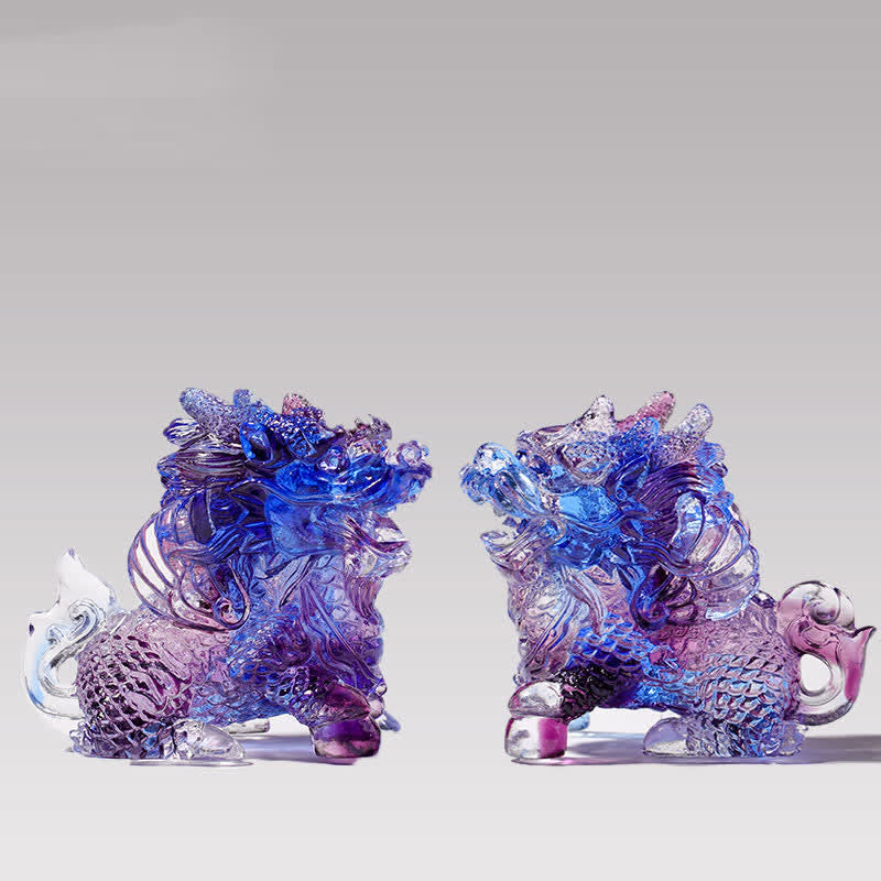 Buddha Stones Feng Shui Kirin, pieza de arte de cristal Liuli hecha a mano, decoración para el hogar y la Oficina - Púrpura - Un par - image 2