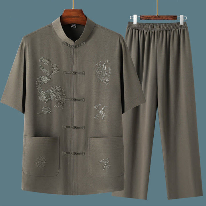 Traje Tang de Buddha Stones Hanfu dragón chino uniforme de kungfú tradicional camisetas y pantalones de manga corta conjunto de ropa para hombre