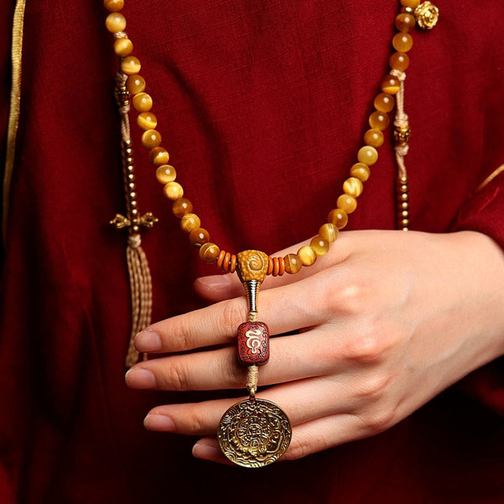 Pulsera con borlas de protección Dorje de cobre y ojo de tigre Natural, 108 cuentas de Mala , Buddha Stones