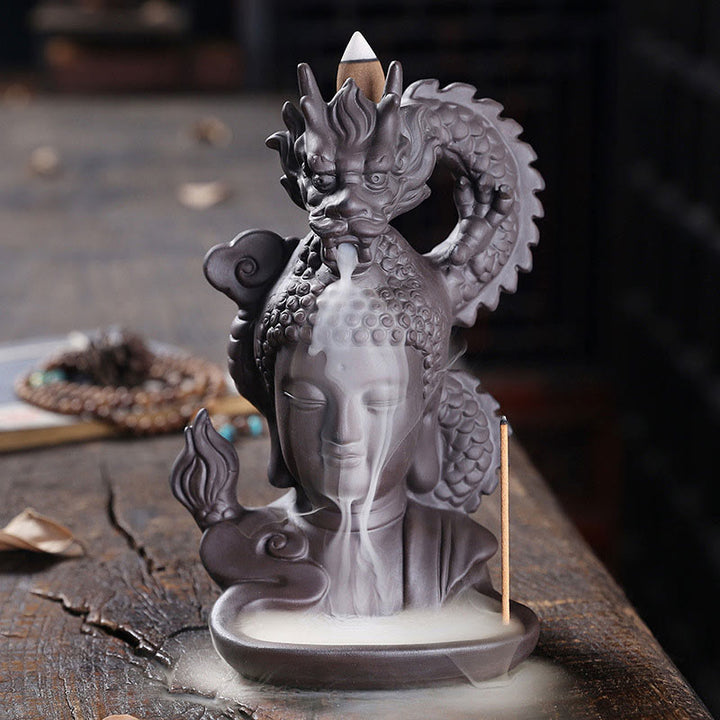 Buddha Stones, dragón, Buda, nubes propicias, arcilla púrpura, decoración de quemador de incienso curativo