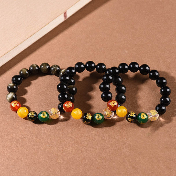 Buddha Stones Obsidiana con brillo dorado Obsidiana arcoíris Obsidiana negra Cinco direcciones Dioses de la riqueza Pulsera