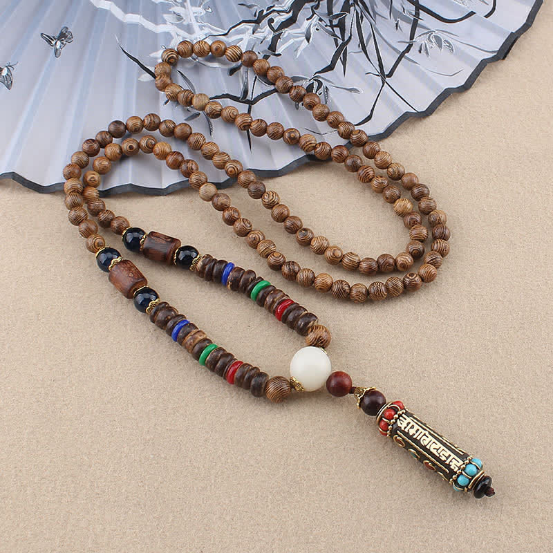 Buddha Stones tibetano Om Mani Padme Hum Dzi cuentas wengué collar de madera colgante - Cadena de cuentas de madera Om Mani Padme Hum - image 1