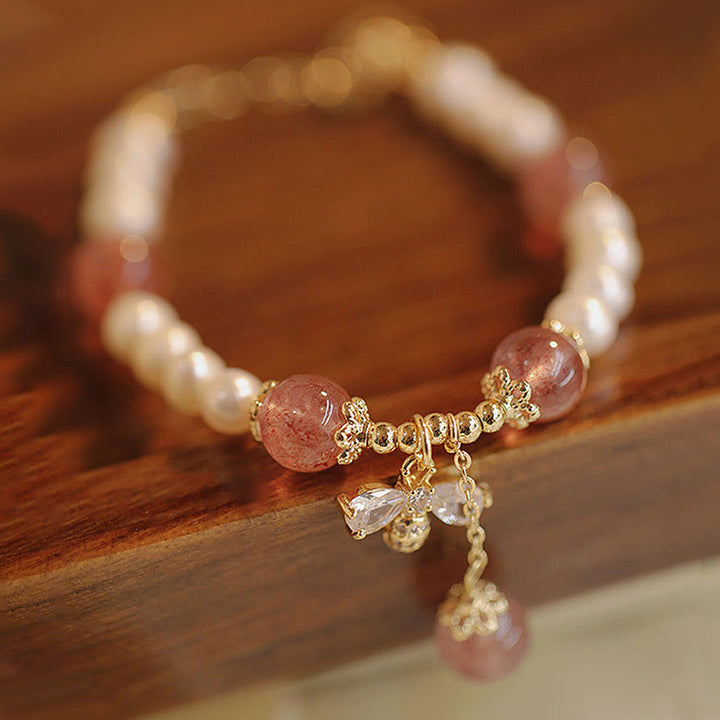 Pulsera con dije de abeja y miel curativa de cuarzo fresa y perlas naturales con Buddha Stones
