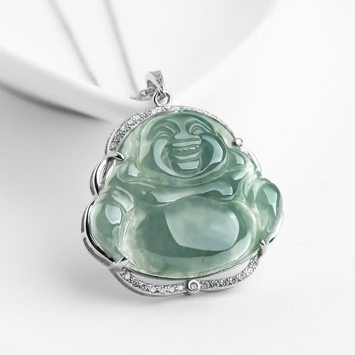 Colgante de cadena de collar de la suerte de jade natural de Buda sonriente de plata de ley 925 con Buddha Stones - Jade - image 0
