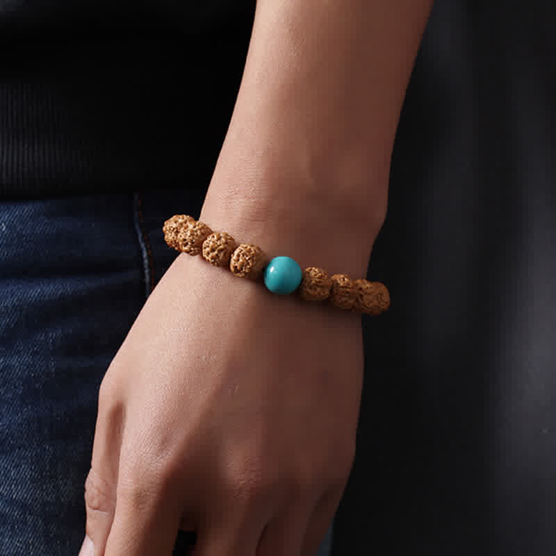 Buddha Stones Tíbet Rudraksha Bodhi Semilla Dzi Cuenta Ámbar Turquesa Pulsera de Riqueza