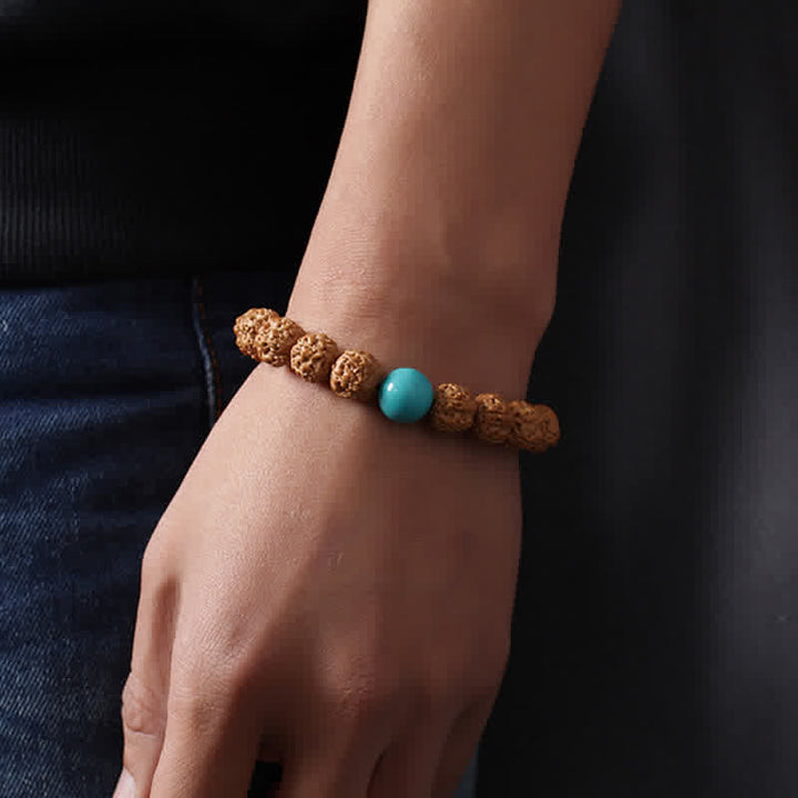 Buddha Stones Tíbet Rudraksha Bodhi Semilla Dzi Cuenta Ámbar Turquesa Pulsera de Riqueza