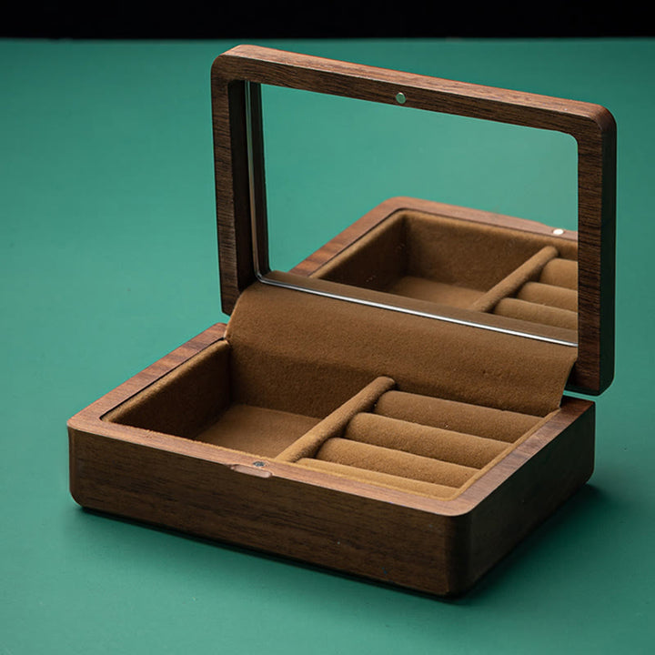 Caja de almacenamiento de joyería vintage hecha a mano de madera de nogal negro con espejo