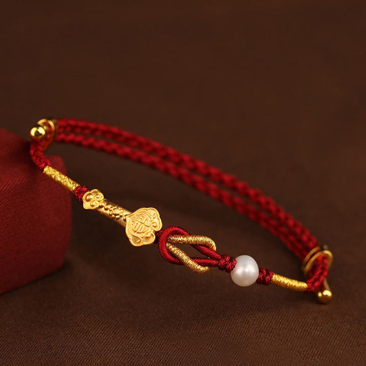 Pulsera trenzada de la suerte con perlas de conejo y mango de Ruyi del deseo de oro de 24 quilates con Buddha Stones - Anillo de oro de 24 quilates con mango Ruyi y perla con carácter Fu (circunferencia de muñeca de 14 a 19 cm). - image 0