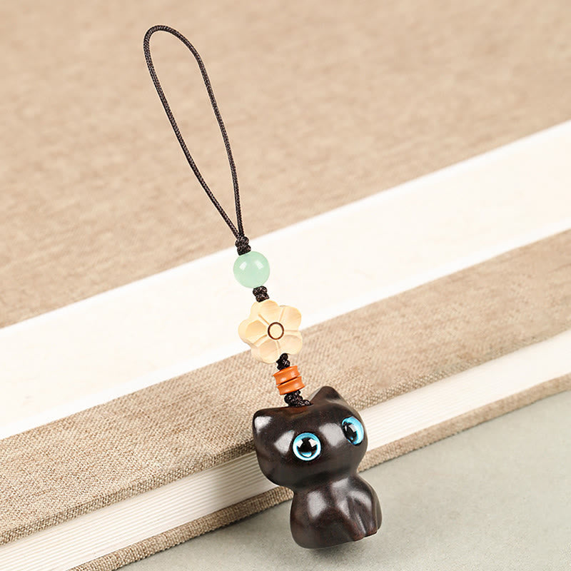 Buddha Stones, Mini hoja pequeña, sándalo rojo, madera de ébano, gato de la suerte, gatito encantador, llavero de la paz, decoración colgante para teléfono