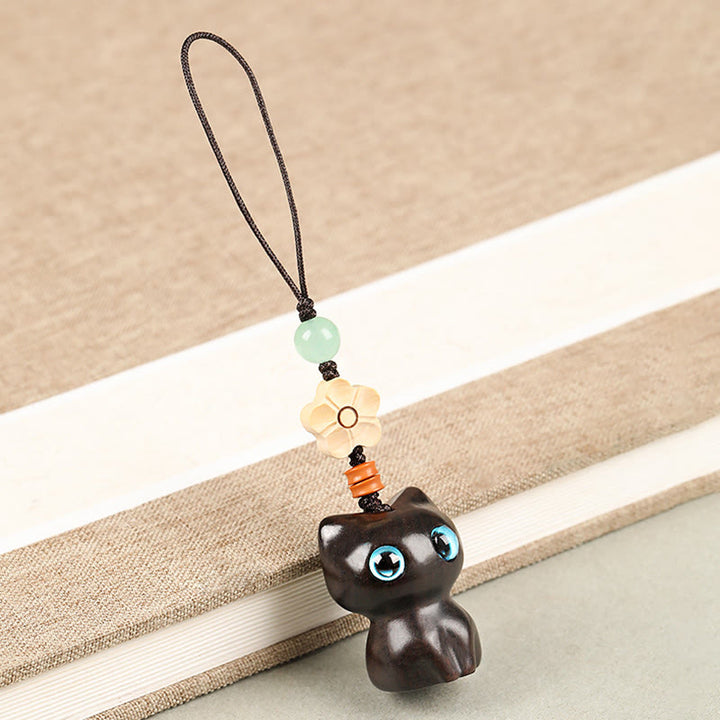 Buddha Stones, Mini hoja pequeña, sándalo rojo, madera de ébano, gato de la suerte, gatito encantador, llavero de la paz, decoración colgante para teléfono