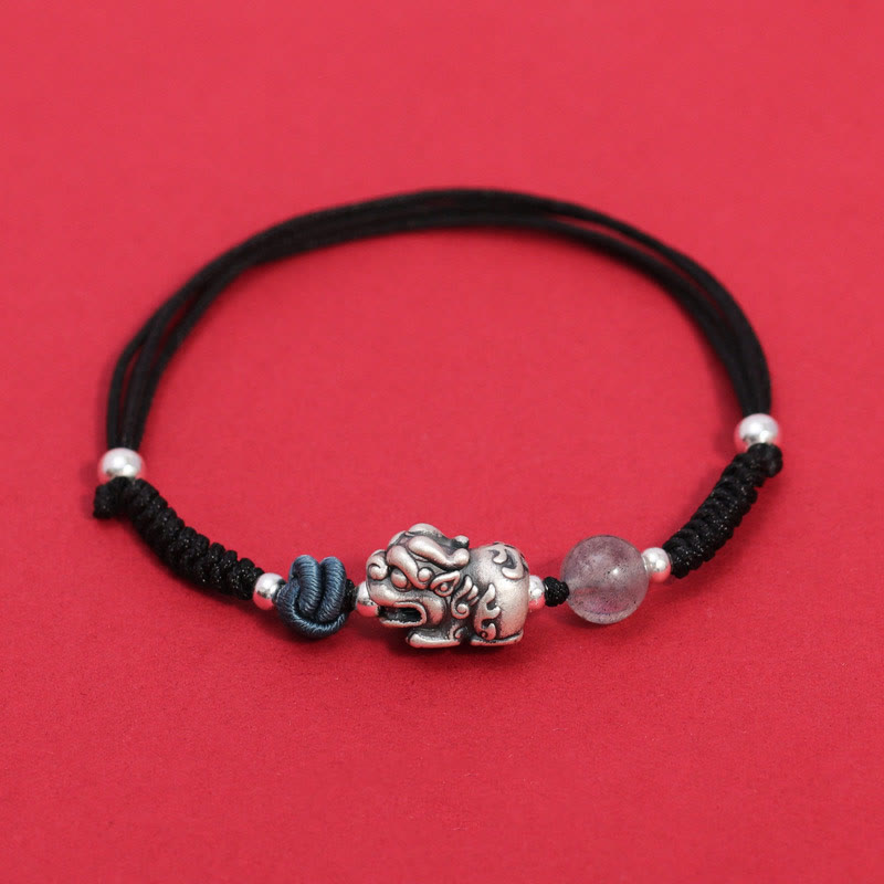 Pulsera trenzada de plata de ley 999 con Buddha Stones PiXiu, cuentas de cuarzo fresa, riqueza y suerte - Cuerda negra (circunferencia de la muñeca: 14-19 cm) - image 9