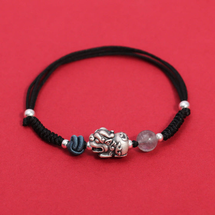 Pulsera trenzada de plata de ley 999 con Buddha Stones PiXiu, cuentas de cuarzo fresa, riqueza y suerte - Cuerda negra (circunferencia de la muñeca: 14-19 cm) - image 9