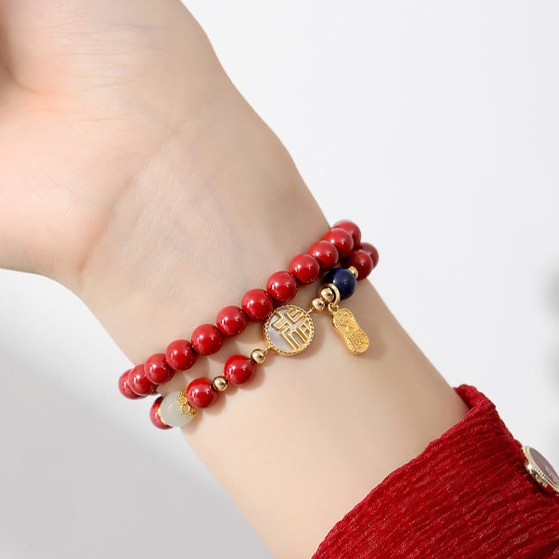 Pulsera de bendición de doble envoltura con carácter Fu de piedra Tridacna de cinabrio de plata de ley 925 de Buddha Stones
