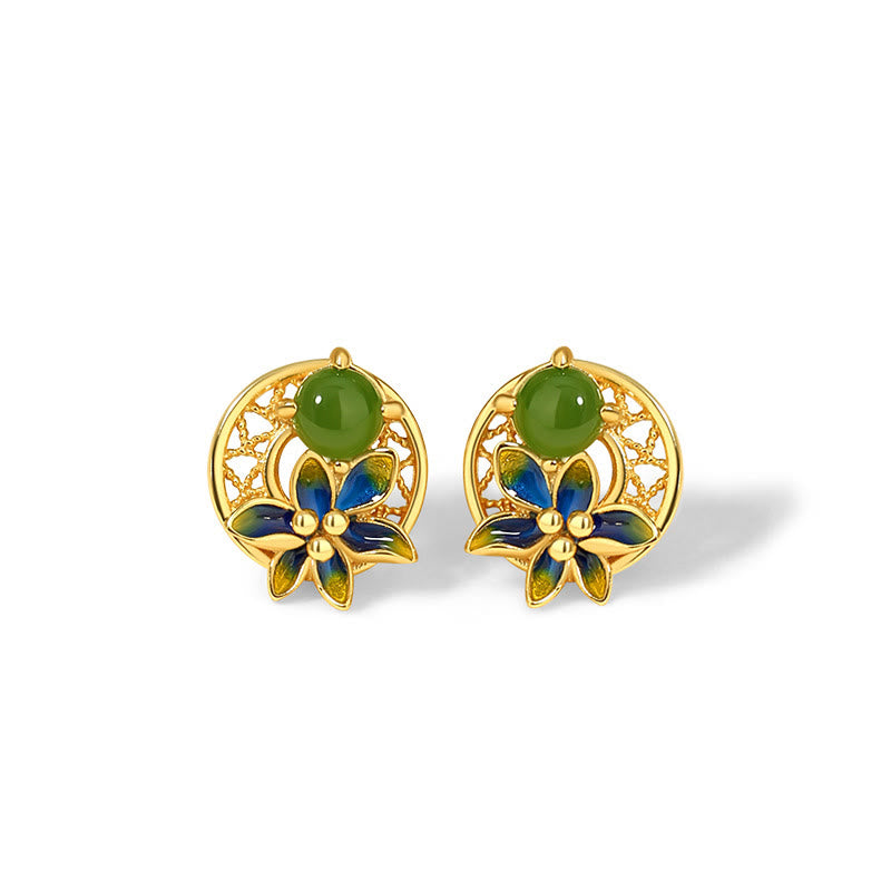 Juego de pendientes y anillo con colgante de flor de Jade cian hetiano Natural de plata de ley 925 con Buddha Stones
