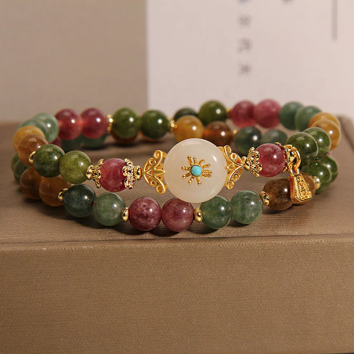 Pulsera de doble envoltura con flor de jade positivo de turmalina multicolor natural de Buddha Stones