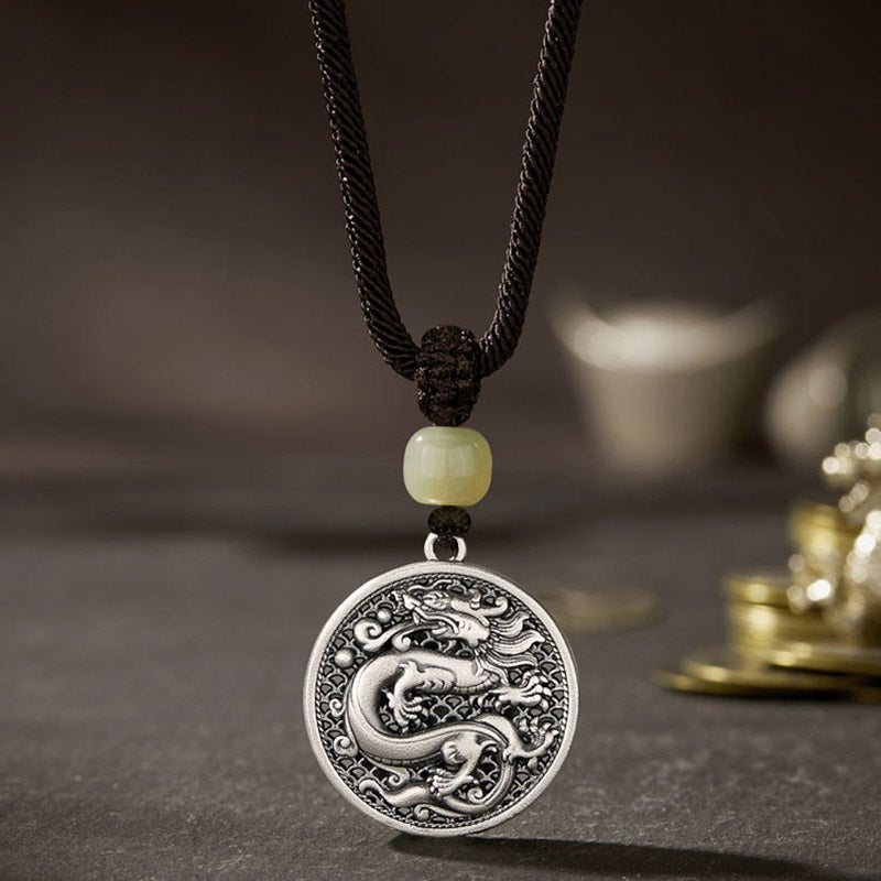 Collar con colgante de plata de ley 999 con Buddha Stones, diseño del Año del Dragón Fu, con carácter de jade hetiano