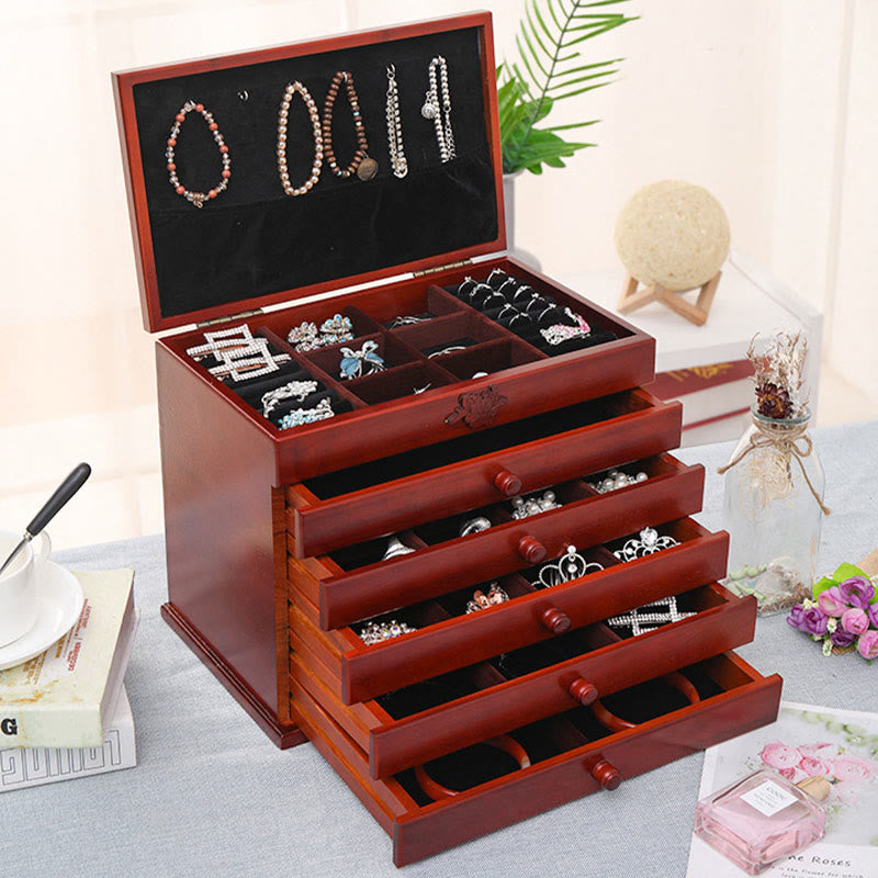Caja de joyería de madera tallada con flores vintage de gran capacidad con Buddha Stones, caja de almacenamiento de joyas de seis capas - Color nogal 32*20,6*24,7 cm - image 0