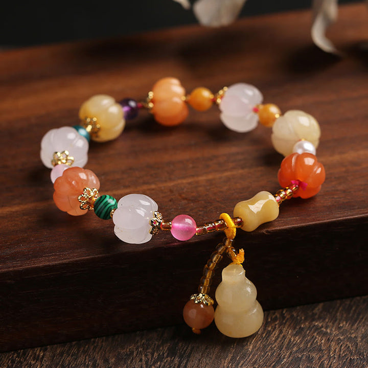 Pulsera de abalorios de riqueza con cuentas de calabaza Pixiu, cristales de Jade de seda dorada Natural