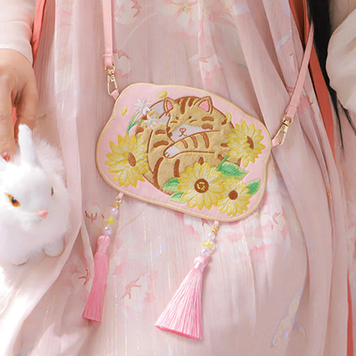 Bordado de Buddha Stones, Panda de la suerte, gato, Shiba Inu, ciervo, conejo, zorro, flor, Animal bonito, Hanfu, bolso cruzado, bolso de hombro