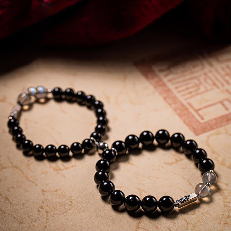 Pulsera de pareja de fuerza de piedra lunar de obsidiana de plata de ley 925 - image 13