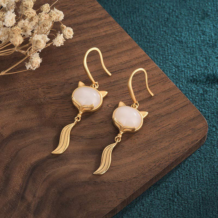 Pendientes de la fortuna del zorro de jade blanco FengShui